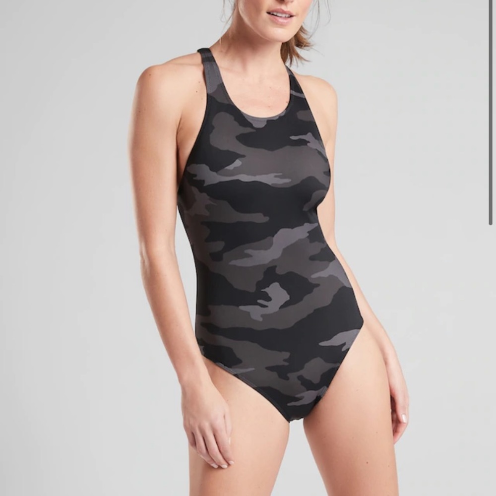 Athleta Black and Gray Camo One-Piece Swimsuit